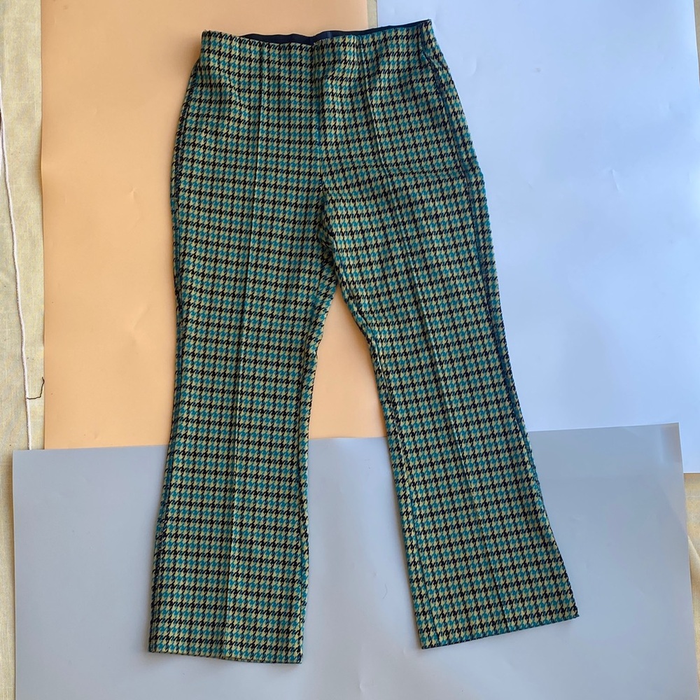 Maeve High-Waist Houndstooth Plaid Pants in Teal, Tan and Black